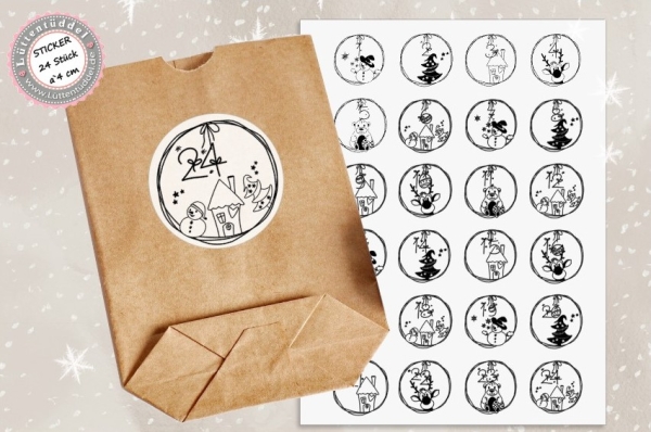 24 Stück zuckersüße Zahlen Adventskalenderaufkleber Sticker Zeichnung Weihnachten  /4cm rund mit-oder ohne 24 Beutelchen aus Kraftpapier - von Lüttentüddel